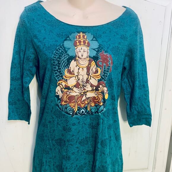 LUCKY BRAND BUDDHA 3/4 SLEEVE YOGA TEE BOHO HIPPIE - Picture 1 of 8